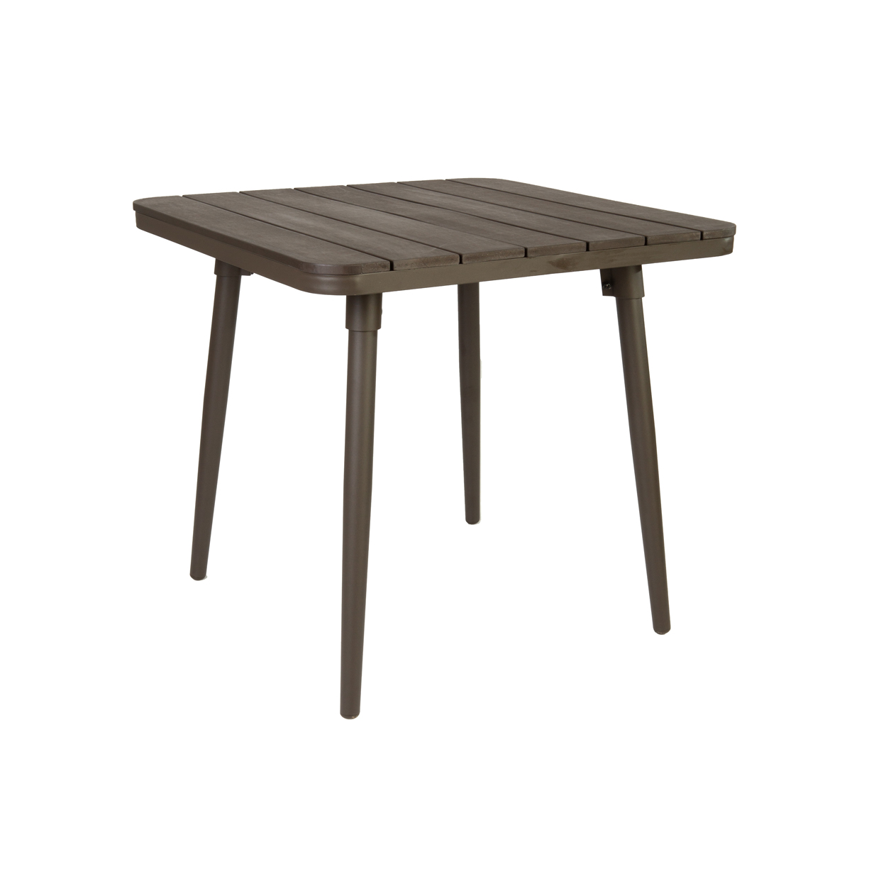 BFM Bayview 32x32 4-Leg Synthetic Walnut and Aluminum Dining Height Outdoor Restaurant Table