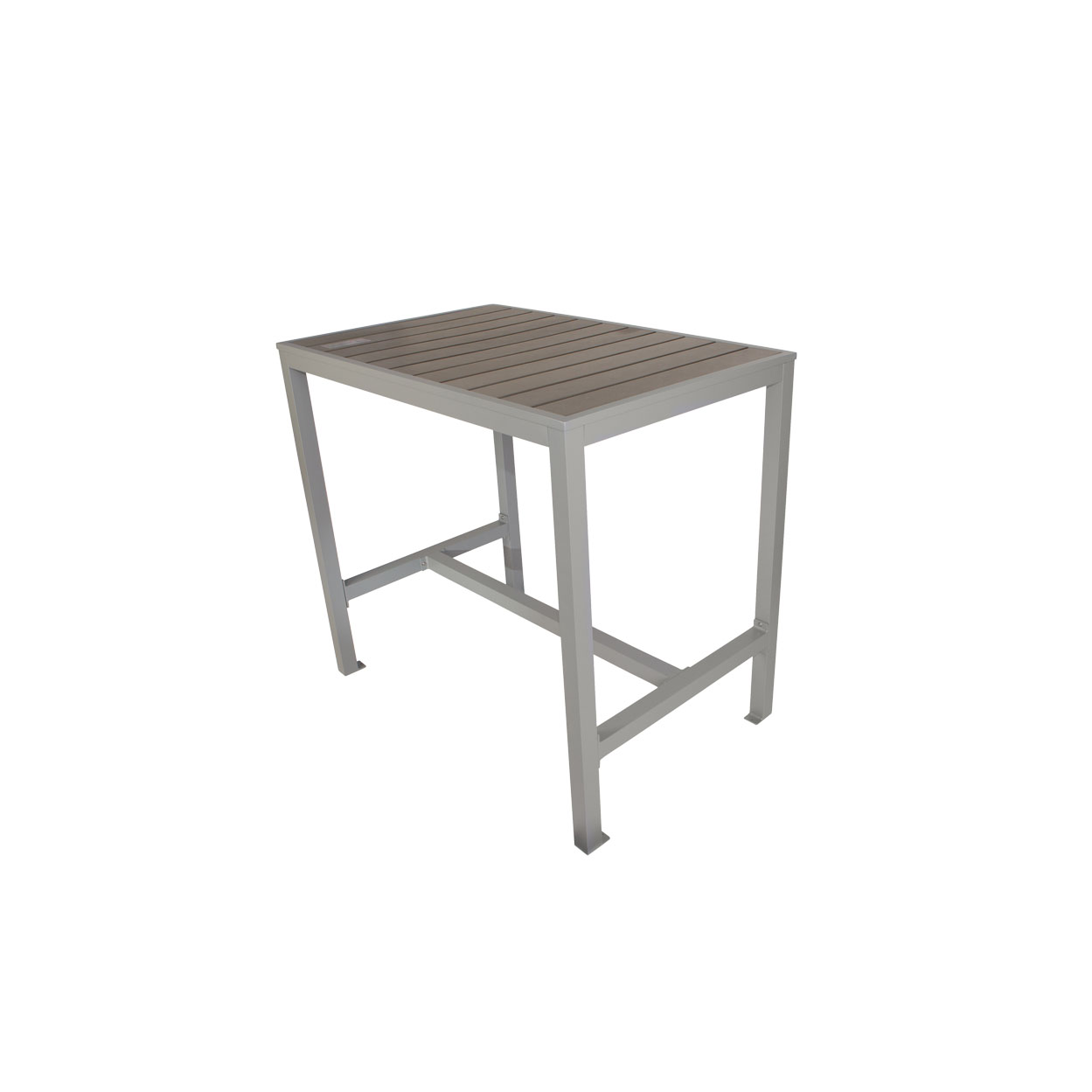 BFM Seaside 4-Leg Bar Height Bolt-Down Table 35x72, Synthetic Gray Teak Top, Soft Gray Frame