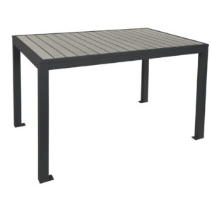 BFM Seaside 4-Leg Bolt-Down Commercial Dining Height Table 31x48, Synthetic Gray Teak Top, Black Frame
