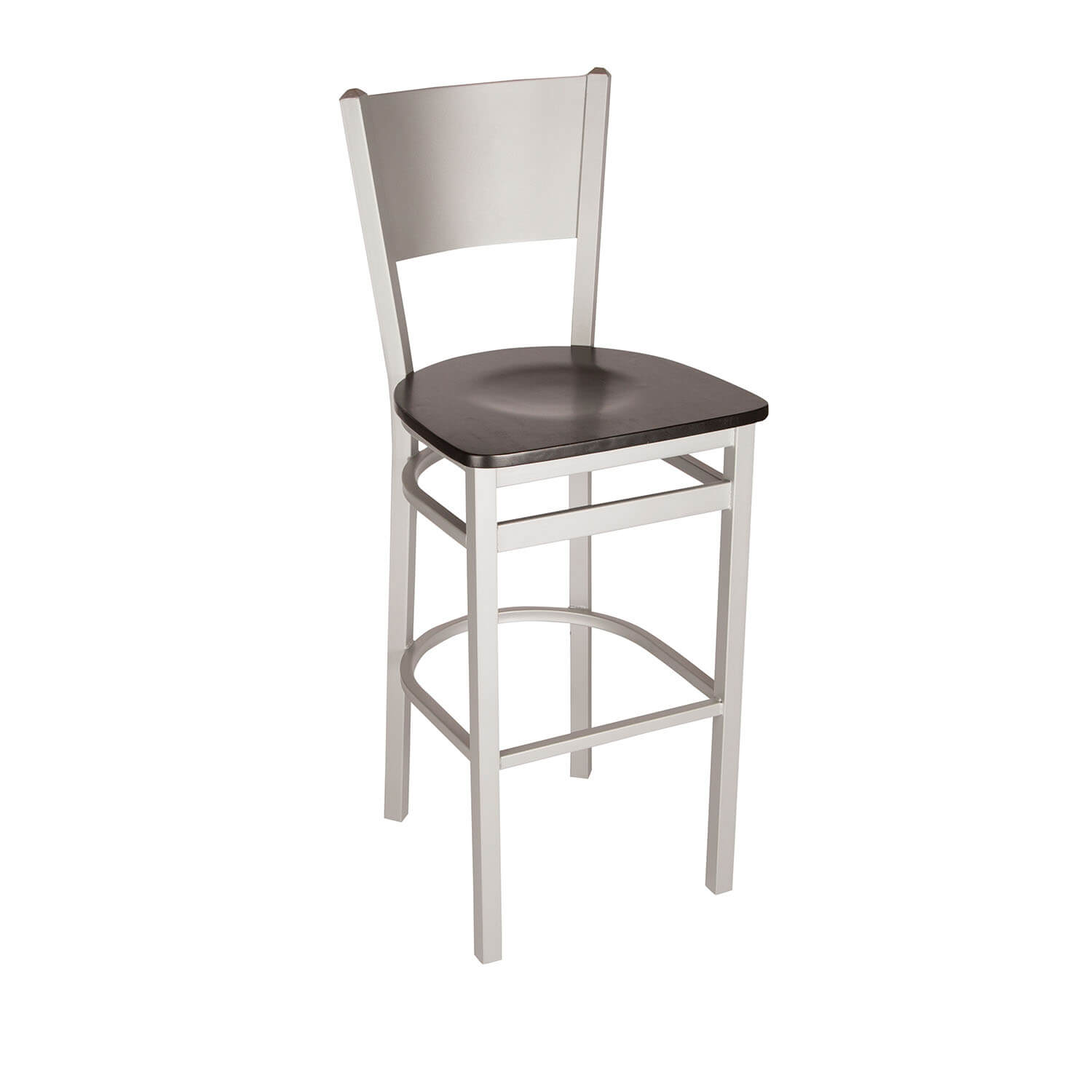 BFM Axel Solid Steel Back Barstool - Black Wood Seat - Steel Frame - Silver Mist Finish for Indoor Restaurants