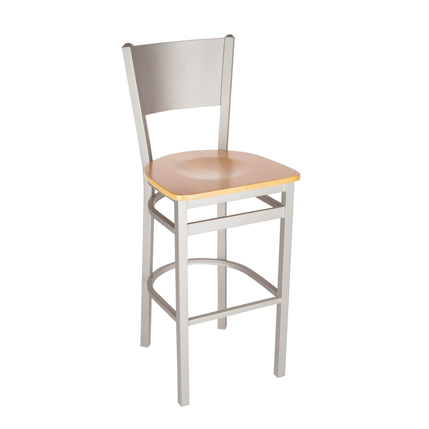 BFM Axel Solid Steel Back Barstool - Natural Wood Seat - Steel Frame - Silver Mist Finish for Indoor Restaurants