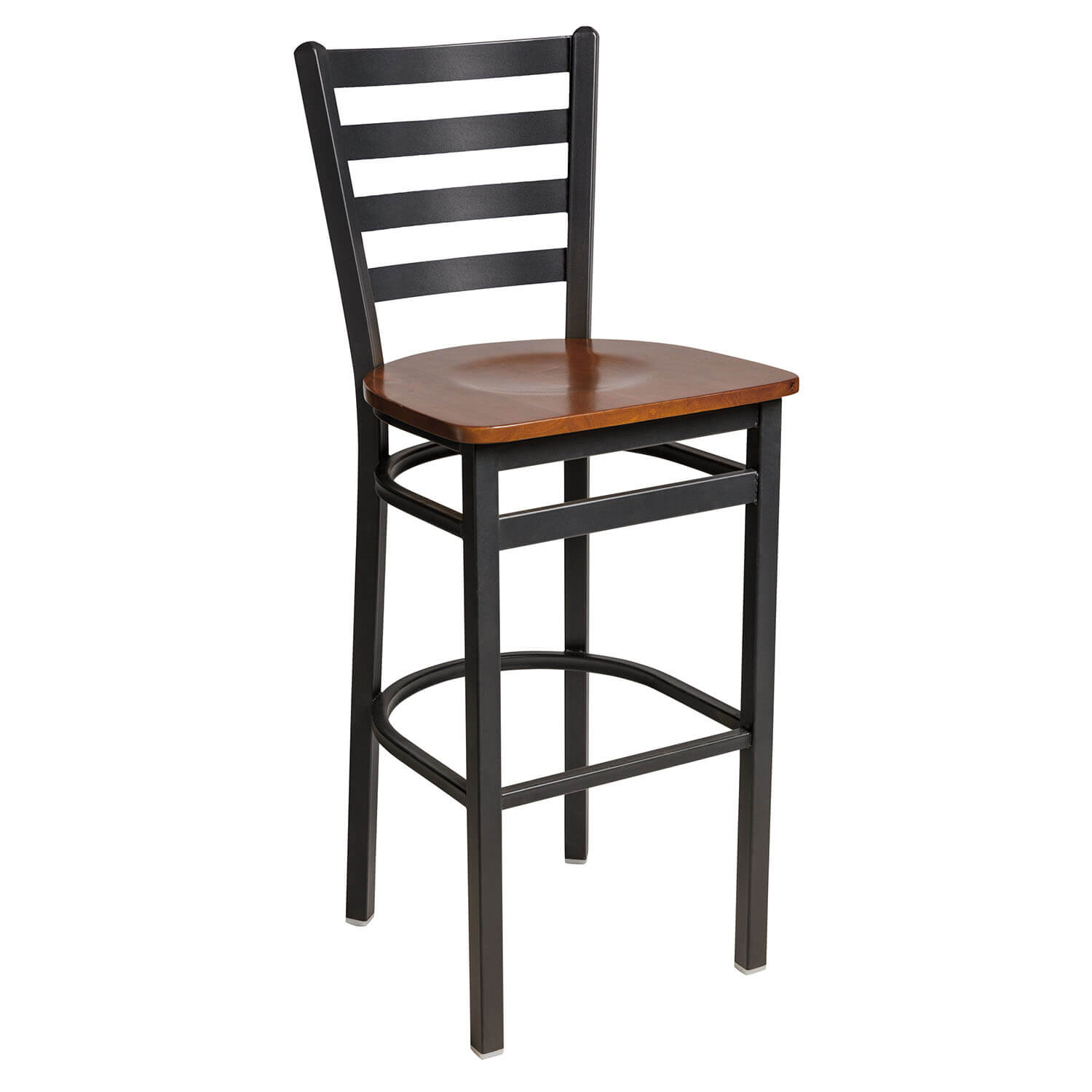 BFM Lima Ladder Back Barstool - Cherry Wood Seat - Steel Frame - Sand Black Finish for Indoor Restaurants