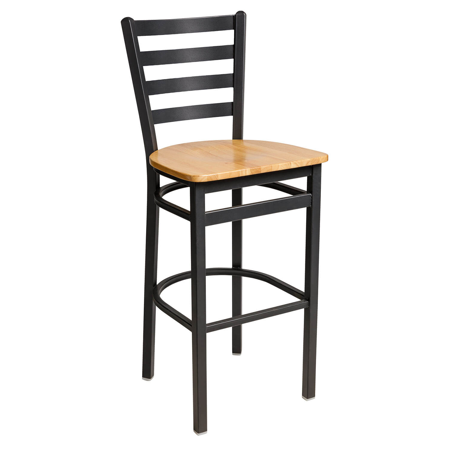 BFM Lima Ladder Back Barstool - Natural Wood Seat - Steel Frame - Sand Black Finish for Indoor Restaurants