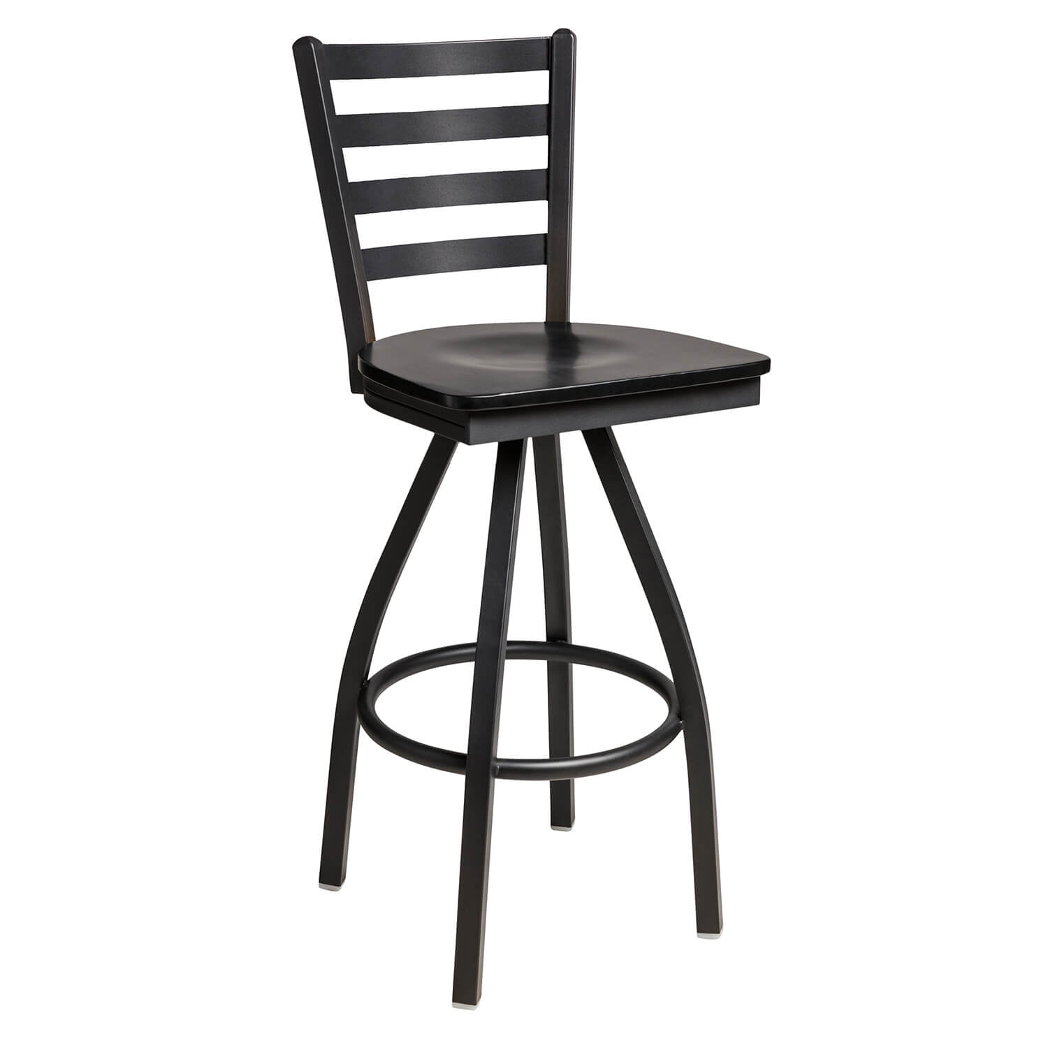BFM Lima Ladder Back Swivel Barstool - Black Wood Seat - Steel Frame - Sand Black Finish for Indoor Restaurants