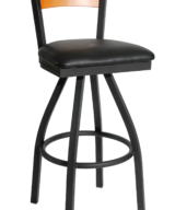 BFM Dale Solid Wood Back Swivel Barstool - Walnut Back - Walnut Wood Seat - Steel Frame - Sand Black Finish for Indoor Restaurants