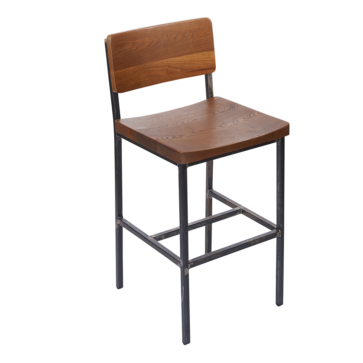 BFM Memphis Counter Height Stool, Gray Ash Wood Seat & Back - Steel Frame - Sand Black Finish for Indoor Restaurants