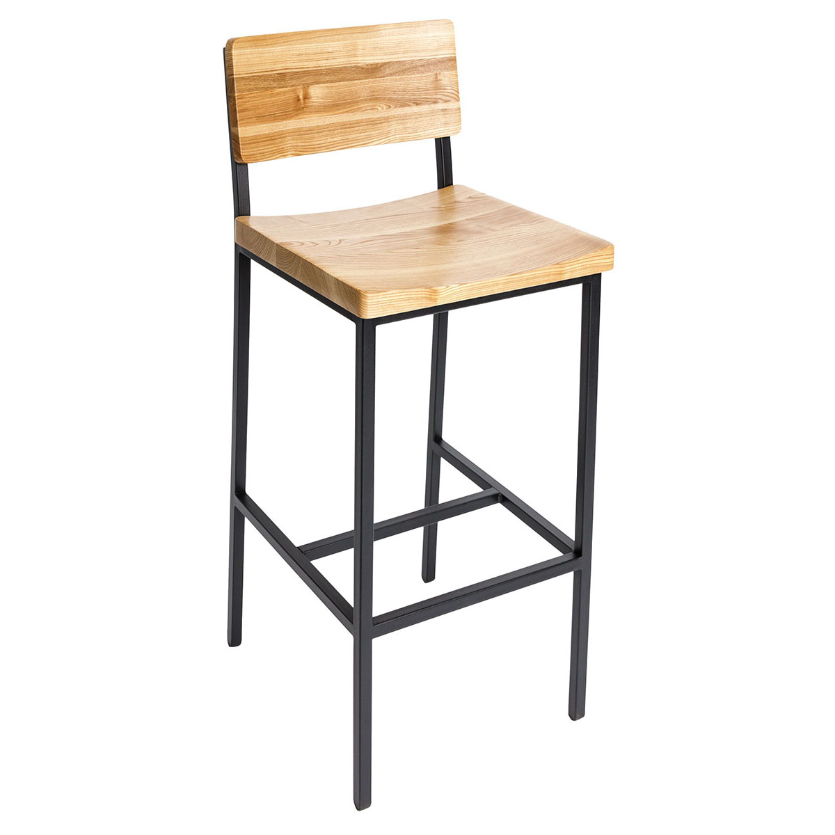BFM Memphis Barstool, Natural Ash Seat & Back - Steel Frame - Sand Black Finish for Indoor Restaurants