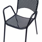 Plantation Prestige Benson Dining Arm Chair, stackable, for outdoor/indoor restaurant use, steel back & seat, tubular steel frame, charcoal finish