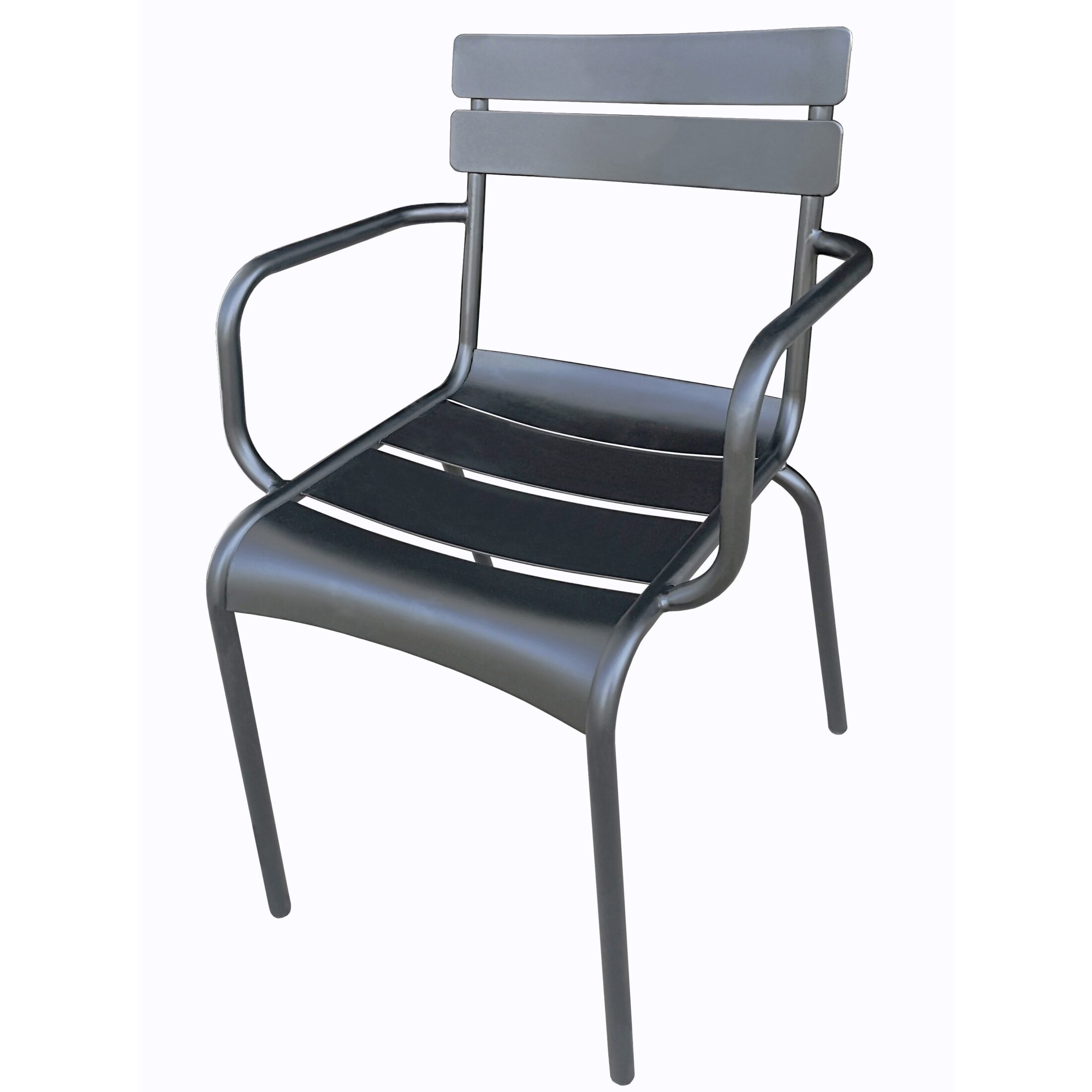 Plantation Prestige Montana Dining Arm Chair, stackable, for outdoor/indoor restaurant use, steel slats back & seat, tubular steel frame, e-coated powder finish, charcoal