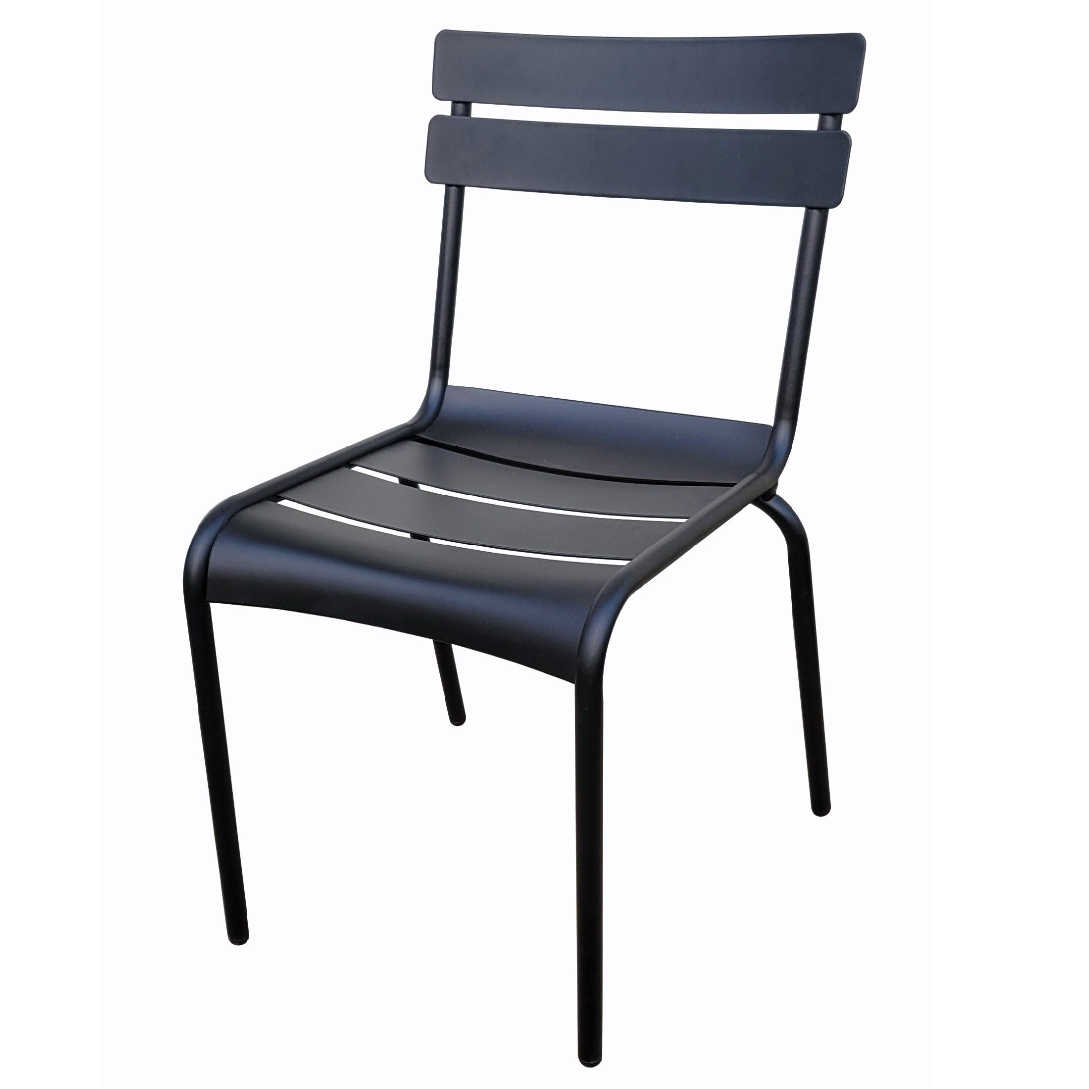 Plantation Prestige Montana Side Chair, stackable, for outdoor/indoor restaurant use, steel slats back & seat, tubular steel frame, e-coated powder finish, charcoal